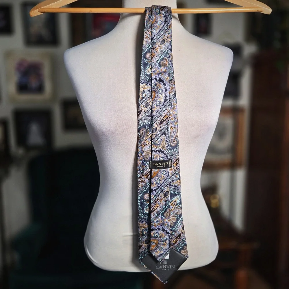 Lanvin Paris Silk Tie Vintage 90s Mens Paisley Medallion Purple Gold Designer